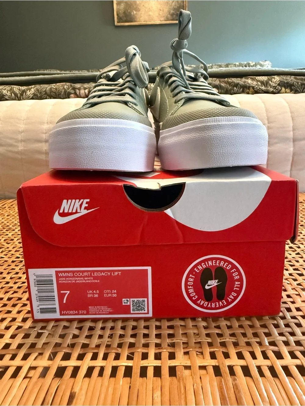 Nike Women's Sage Green Platform Sneakers with White Swoosh and Thick Sole